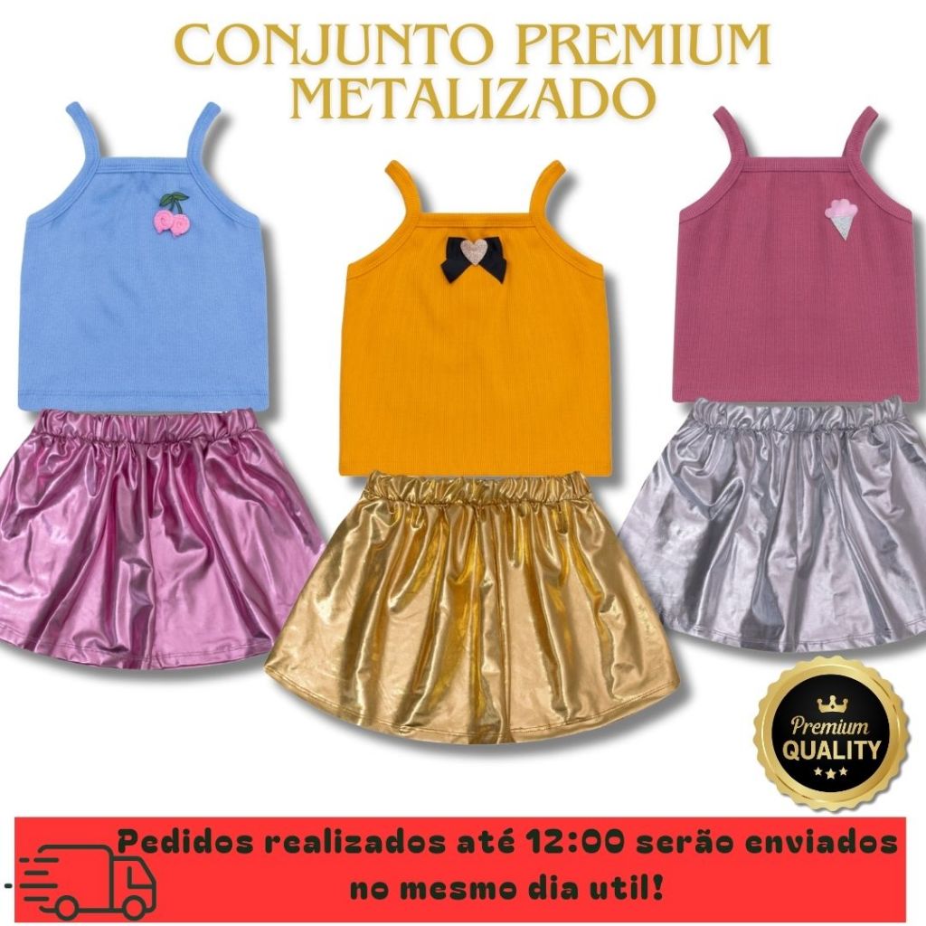 Conjunto menina regata e saia metalizada roupa infantil