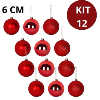 Kit 12 Bolinha Para Arvore De Natal Vermelho 6cm Enfeite Papai Noel Dourado Glitter
