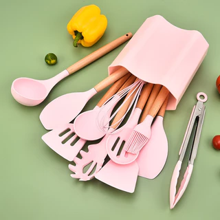 12 Peças Utensílios De Cozinha Colheres Espatula Silicone Cabo Madeira Decoração Promoção