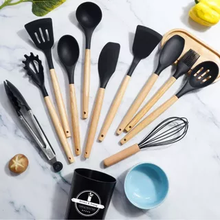 Kit C/12 Pçs Utensílios De Cozinha Colheres Espatula Silicone Cabo Madeira Decoração Promoção