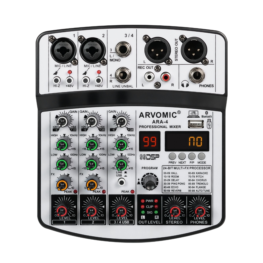 Arvomic ARA-4 mixer de áudio 4 canais dj console de mistura bluetooth interface usb 99dsp para festa