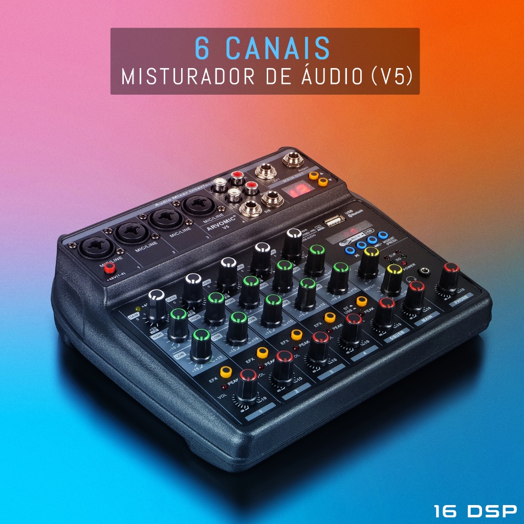 ARVOMIC Mixer de áudio de 6 canais V5 16 DSP USB Bluetooth Função Atraso e efeito EQ de 2 bandas
