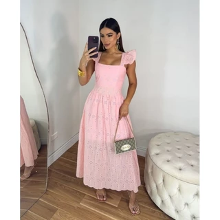 Vestido Laíse alça algodão lesse lasie mangas Midi moda evangélica crista festa noivado rosa bebe rosa claro lindo