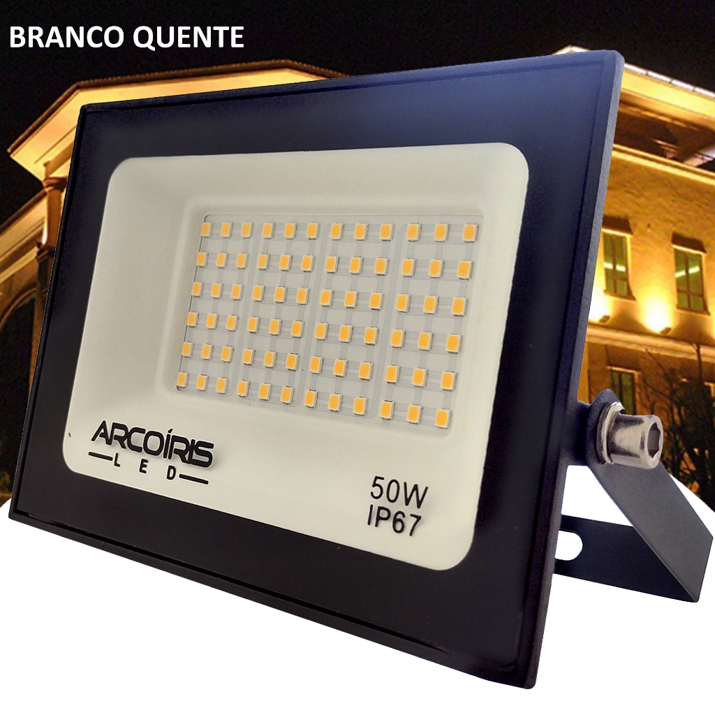 Refletor Led 50w Holofote Prova D'água Bivolt Branco Quente