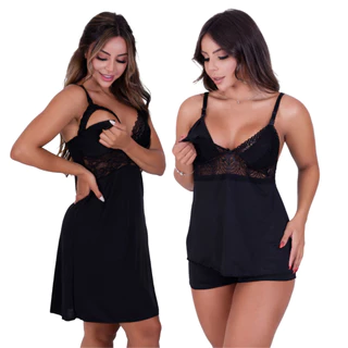 Kit Baby Doll Amamentação + Camisola Maternidade Pós Parto