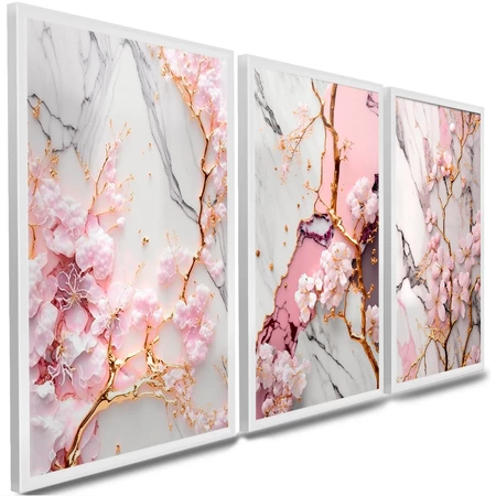 kit quadros decorativos galhos de flores rosas com fundo abstratos em tons de rose luxo gold 3 peças (MARMORE)