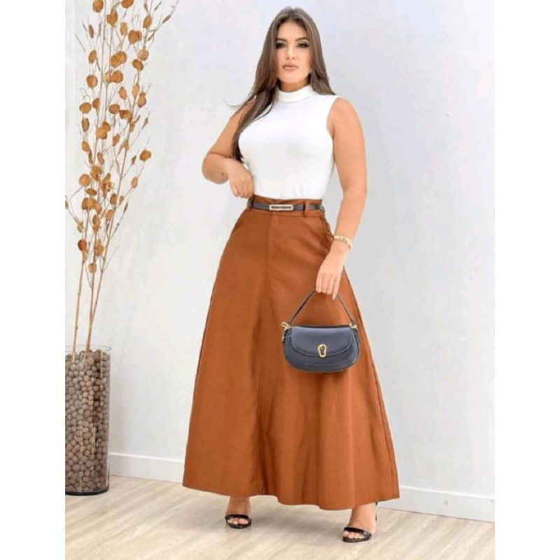 Saia Longa Tecido Alfaiataria com Cinto de Couro e Bolsos | Shopee Brasil