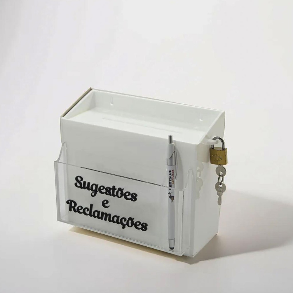 Urna Caixa Sugestões E Reclamações Acrílico Branca E Cadeado