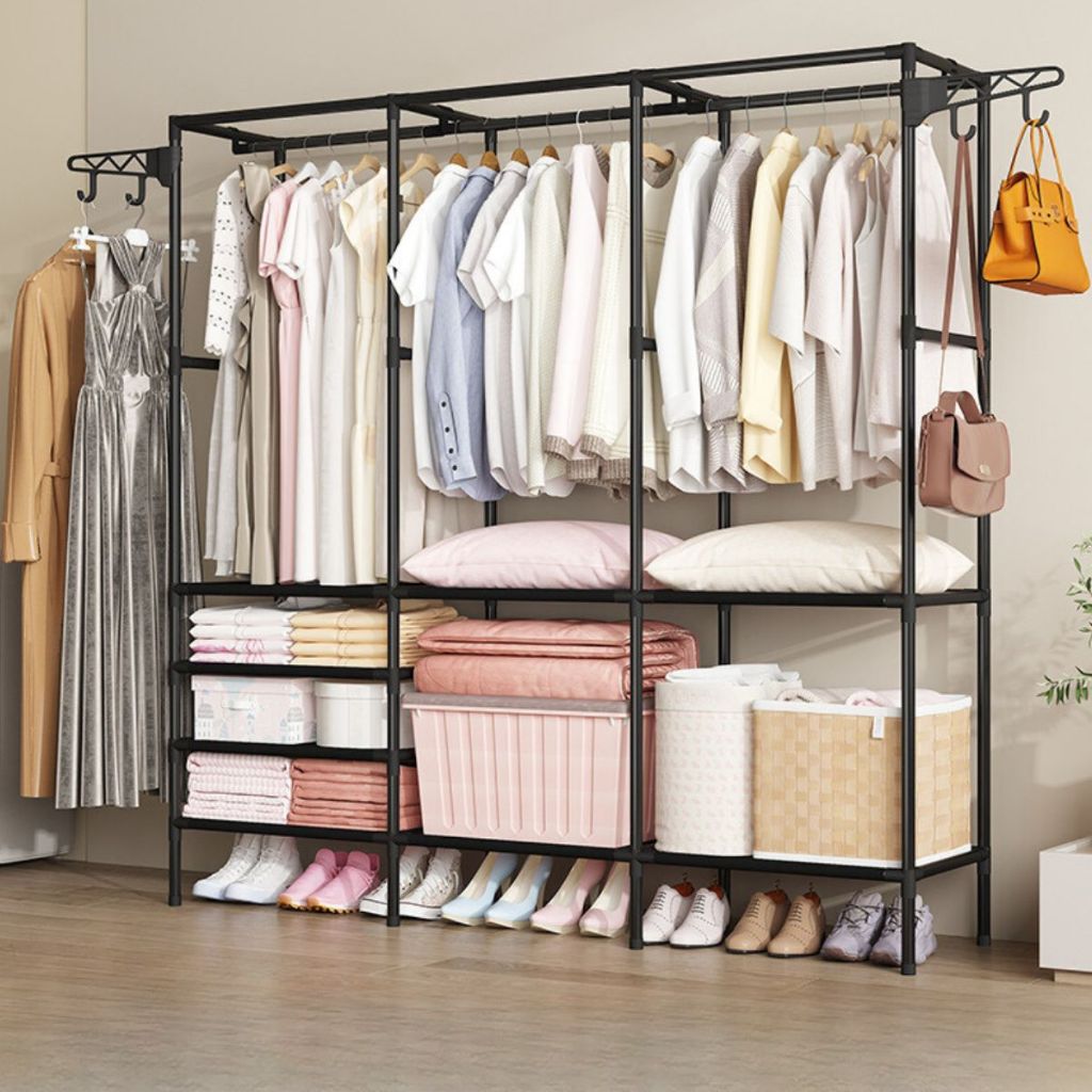 Arara Armário Com Sapateira Cabideiro e Prateleiras Preto / Branco Guarda Roupa Portátil Arara Multifuncional Sapato Organizador Multiuso Grande Desmontável Medio e Grande