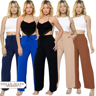Calça Pantalona Feminina Elástico Na Cintura Com Bolso Cintura Alta Tecido Duna