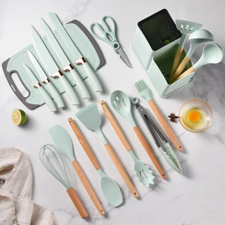 Kit Completo Jogo Utensílios de Cozinha Luxo 19 Peças Com Tábua em Silicone Espátula Faca Tesoura -KODI01001/02/03/04/05