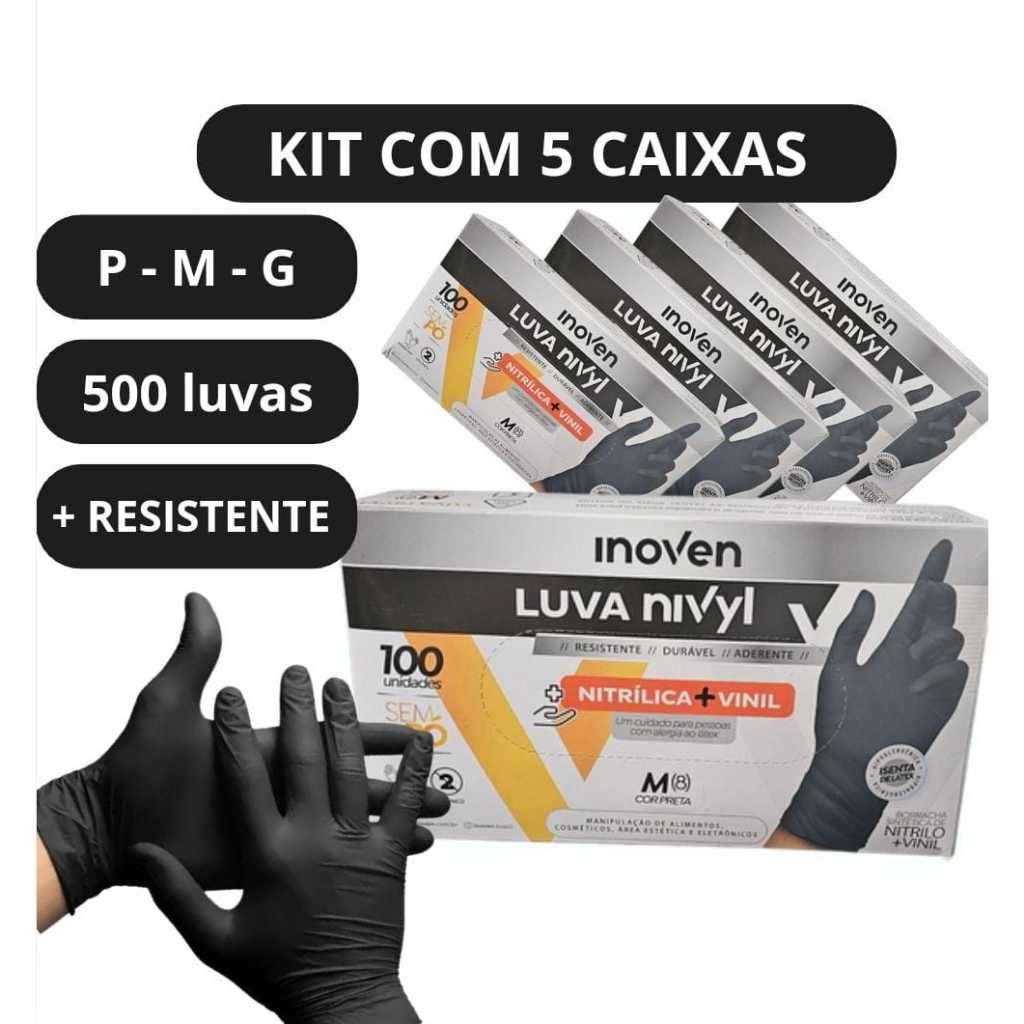 LUVA NITRILICA/ VINIL M 5 CAIXAS 500 LUVAS NIVYL DESCARTÁVEL PRETA ...