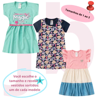 Kit 3 Vestidos Sortidos para meninas infantil e juvenil de 1 a 16 com 3 modelos diferentes