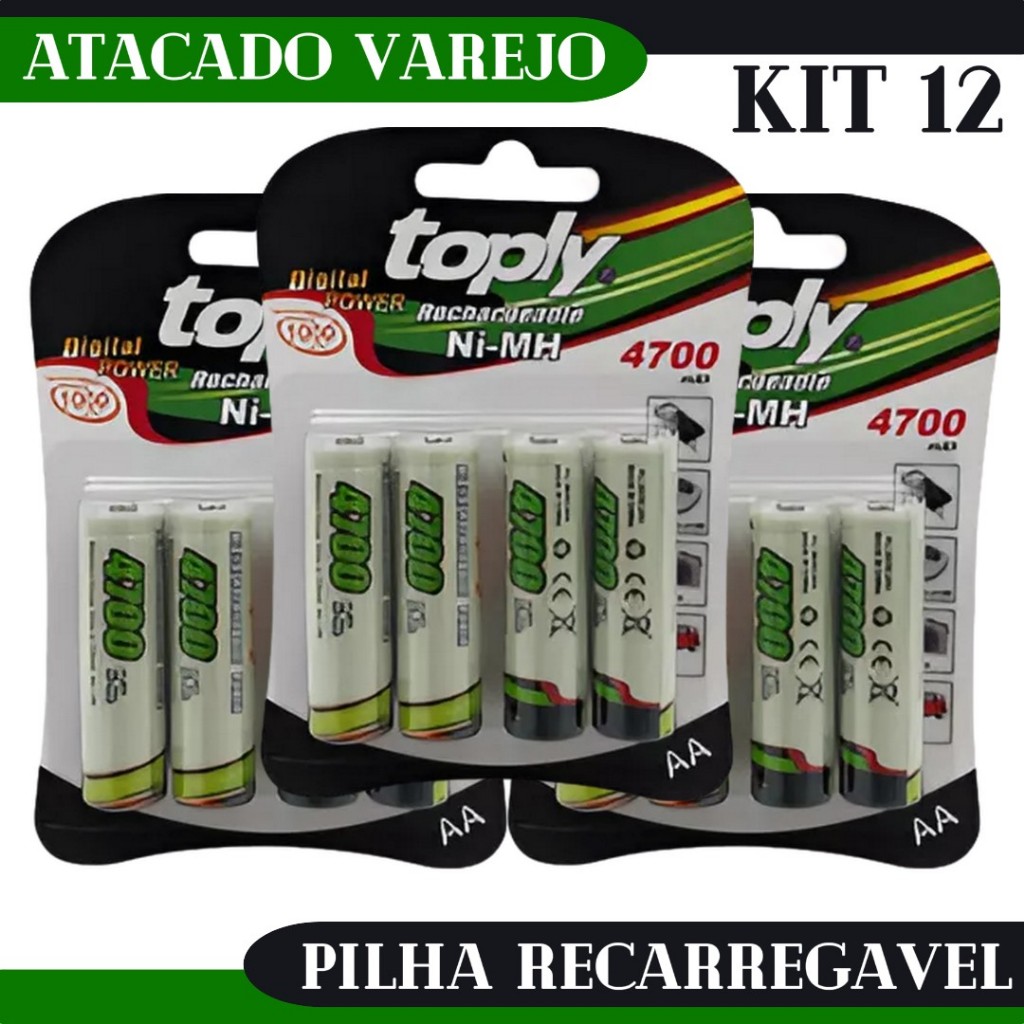 Kit 12 Pilha Recarregável AA Comum 4700Mah | Shopee Brasil