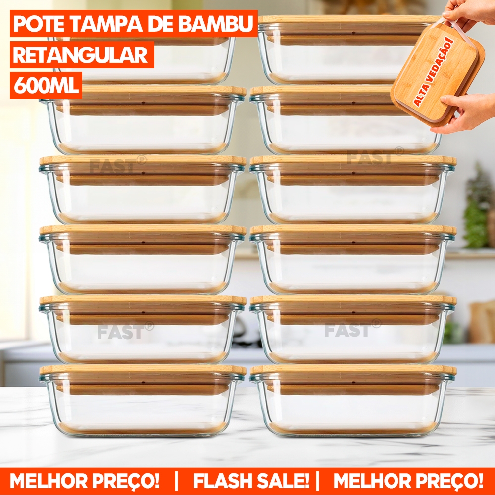 Kit 12 Potes de Vidro Com Tampa de Bambu 600ml Porta Alimentos e Mantimentos Com Alta Vedação Organizador de Geladeira Que Vai ao Forno Freezer e Microondas