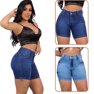 Bermuda Meia Coxa Jeans Feminina Cintura Alta Com Elastano Meia-coxa Cos Alto Levanta Bumbum Azul