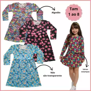 Kit 2 Vestido Infantil Manga Longa Roupa Menina Meia Estação Inverno 1 ao 8 em Algodão