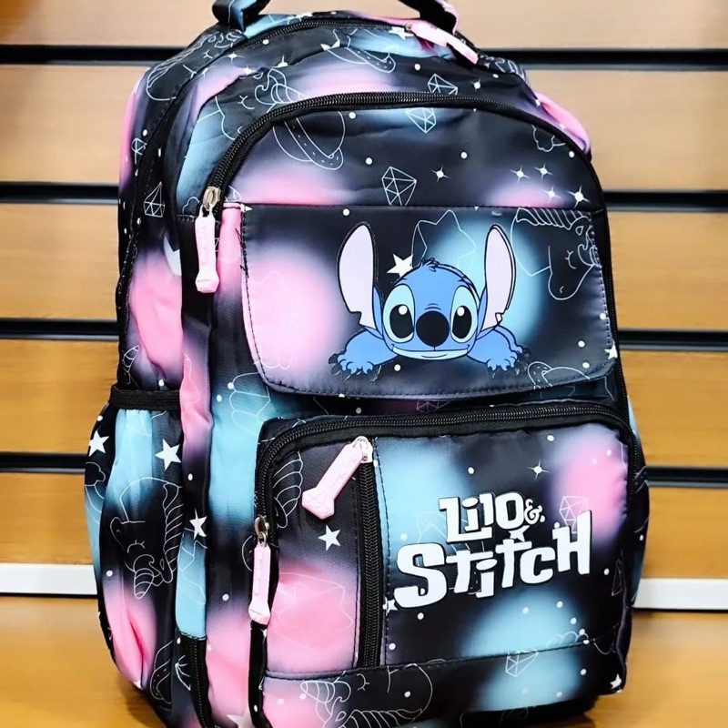 Mochila Lilo & Stitch Preta Impermeável Vários Compartimentos - Galáxia