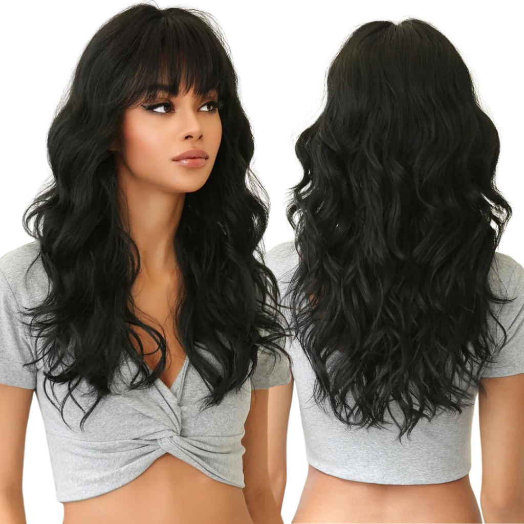 Peruca Ondulada Com Franja 55cm Fibra Orgânica Super Natural