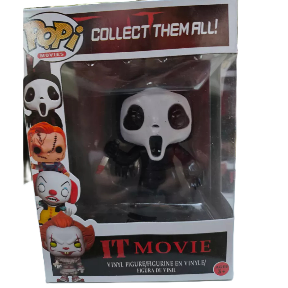Boneco tipo Funko Popi Pânico Ghost face na caixa Bonecos de Terror ENDGAME