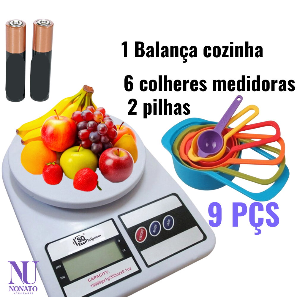 balança de cozinha digital pilha + colheres medidoras pesar alimentos ...