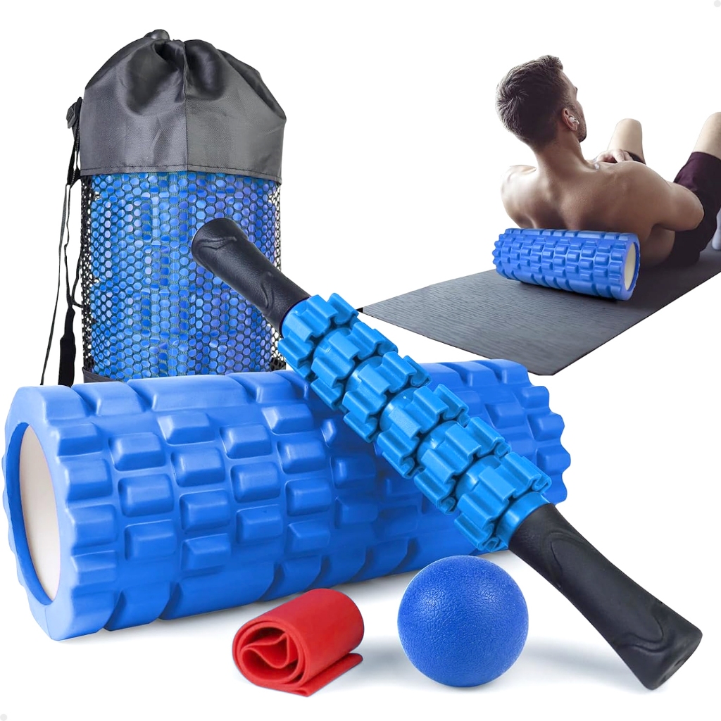 Kit Completo 4x1 Lorben Rolo de Massagem Bastão Miosfascial Bola Lacrosse Faixa Elástica Band Bolsa