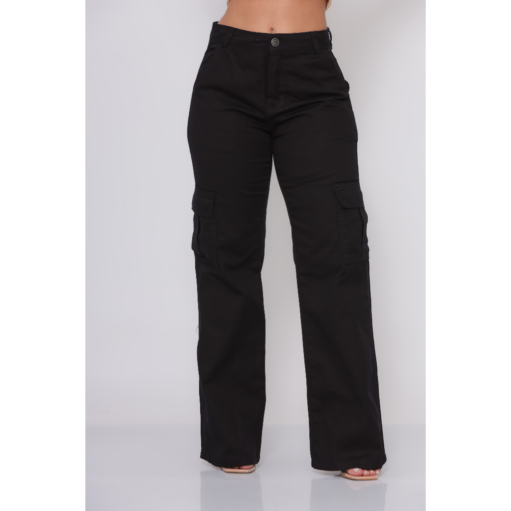 calça wide leg preta feminina boca larga com bolso cargo lateral moda ...