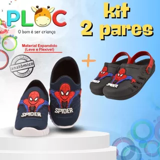 KIT 2 PARES PLOC - 1 TÊNIS CALCE FÁCIL + 1 BABUCHE (P07 marinho + Bab07 preto homem aranha)