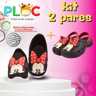 [kit infantil] 1 TÊNIS CALCE FÁCIL + 1 BABUCHE PRETO MINNIE (P01 PRETO + Bab01 PRETO POÁ VERMELHO )
