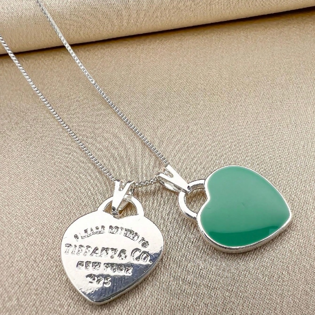 Colar Clássico Tiffany Duplo Coração Azul Folheado Prata 925 Pingente ...