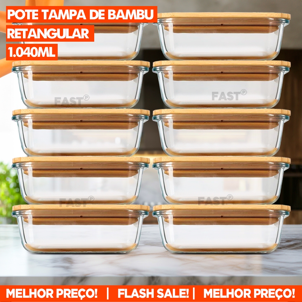 Kit 10 Potes de Vidro 1.040ml Com Tampa de Bambu Alta Vedação de Silicone Pote Vai ao Forno Microondas e Freezer Marmita de Borossilicato Organizador de Geladeira Porta Alimentos e Mantimentos Potinhos de Cozinha