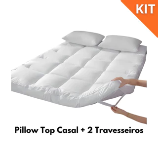 Kit Pillow Top Casal Percal Box + 2 Travesseiros Silicone Toque de Pluma Macio Ergonômico