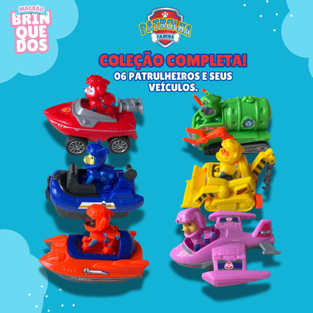 Coleção Completa 06 Bonecos Patrulha Canina e Seus Carrinhos de Pressão - Magrão Brinquedos