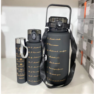 Novo Kit 3 Garrafa Cor PRETO COM 2 ALCAS Agua Squeeze Galão Com Adesivos Lembretes beber Agua