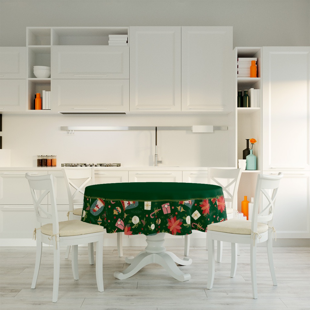 TOALHA DE MESA REDONDA NATALINA EM TECIDO OXFORD PRESENTES 135X135CM