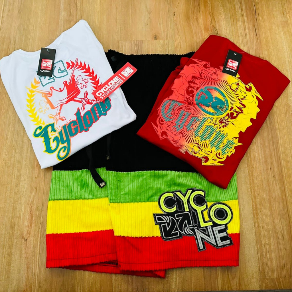 Kit Bermuda Cyclone Preta com cores do Raggae e 2 camisetas Cyclone uma ...