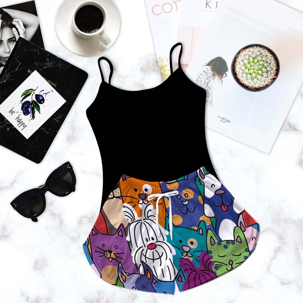 Pijama Feminino Baby Doll Preto Estampado Dog Colorido em Oferta na Shopee