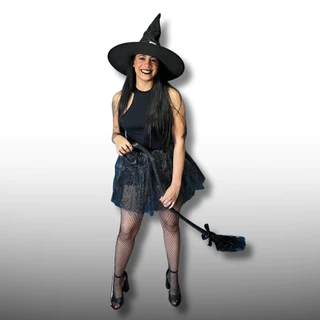Fantasia Bruxa Feminina Preta Saia Chapeu Dia das Bruxas Halloween Festa Tule Completa Vassoura