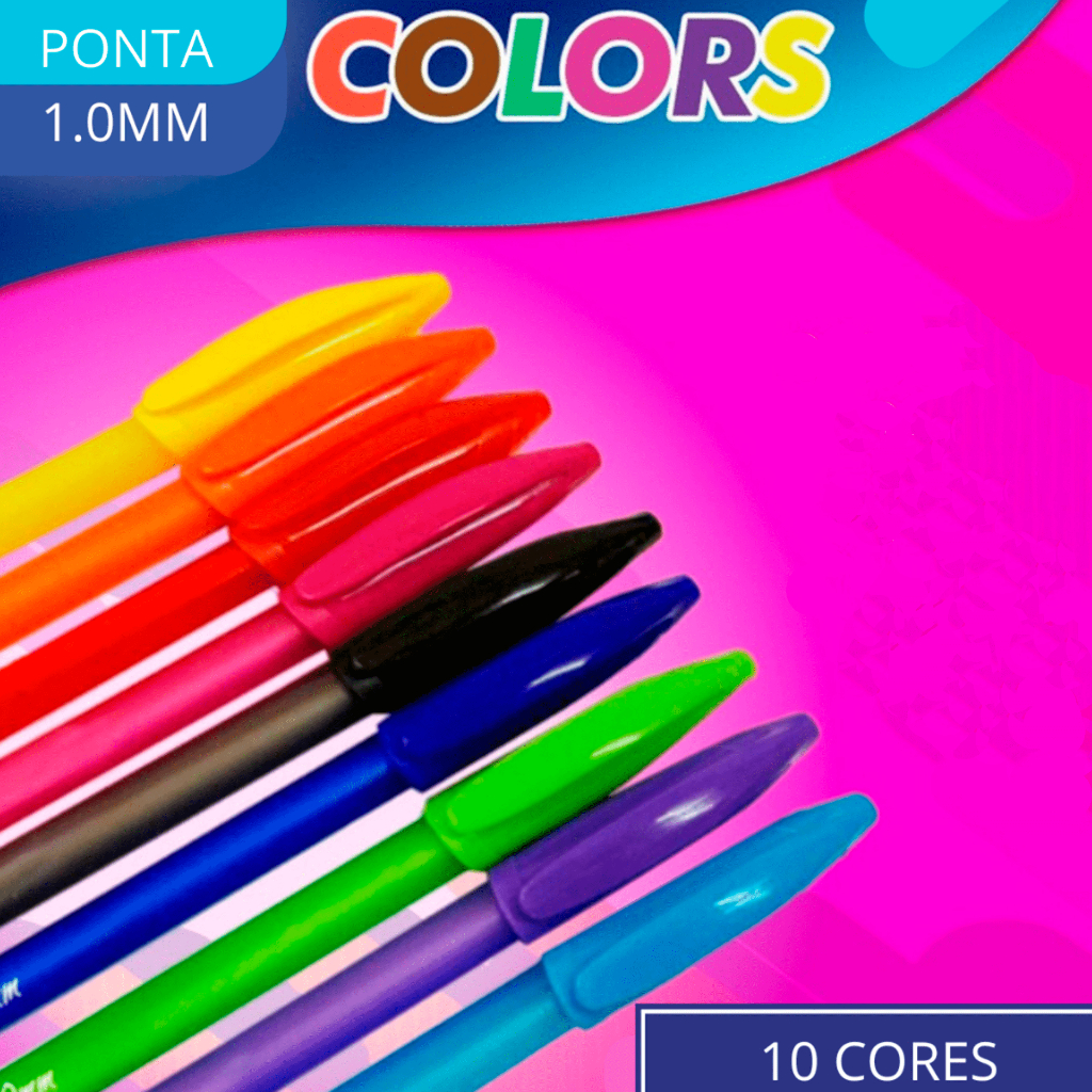 Kit 10 Canetas Coloridas Ponta Fina 1.0mm Esferográfica 10 Cores ...