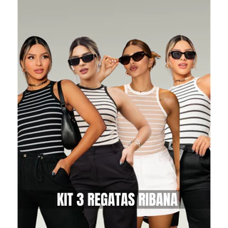 KIT 3 BLUSAS Regata Listrada americana canelado / Ribana grosso Tendência Verão