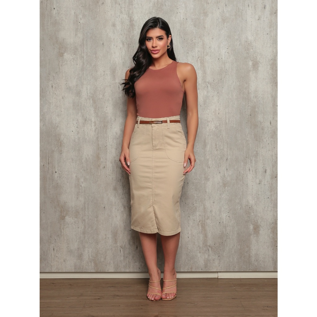 Saia Jeans com Lycra Creme Feminina Moda Cristã Evangélica Midi
