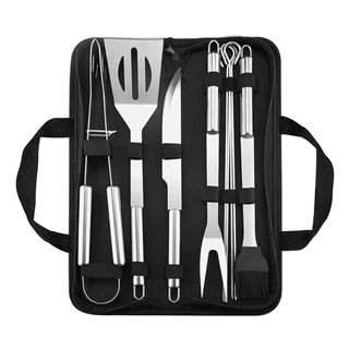 Kit 9 Para Churrasco Profissional Inox Chef Gourmet Utensílios