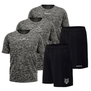 KIT ALPHA CO DRY FIT: 3 CAMISETAS MESCLA CINZA + 2 SHORTS PRETOS