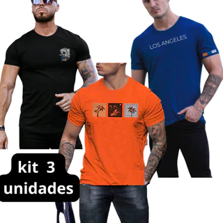 KIT 3 Camisetas , camisa Masculina Estampada Trio Coqueiros Gola Redonda e estampa LOS ANGELES E LUA 100% Algodão, camisa masculina estampada