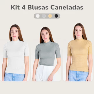 Kit 4 Blusas Gola Alta Ribana Canelada Manga 3/4 em Algodão - Camisa Básica Feminina Casual
