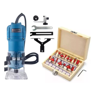 Tupia Laminadora manual 900W Profissional + Jogo de Fresas 15 Peças 6mm e Maleta Madeira