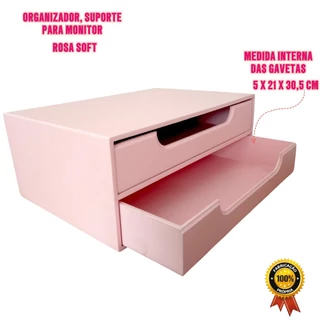 Base Para Monitor Telas Elevado Rosa MDF 2 gavetas