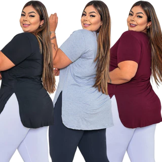 Kit 3 Blusa Feminina Longa Camiseta V Tapa Bumbum Plus Size Vest Legging Moderna