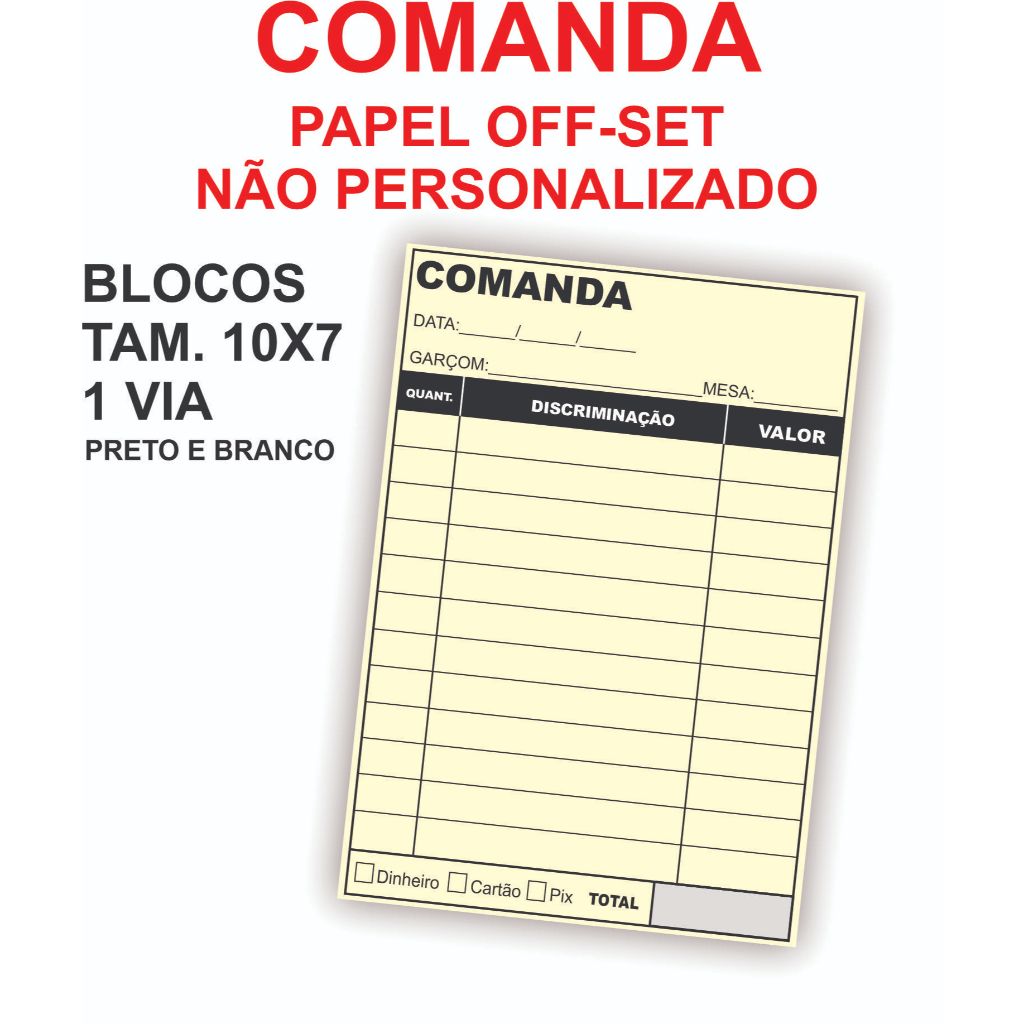 Blocos de Comanda 10x7 c/ 100 Folhas para Lanchonete, Barzinho ...