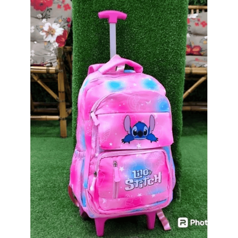 Mochila infantil e juvenil Feminina com Rodinha Stitch Estampado Escolar de Nylon Impermeavel Infantil stich